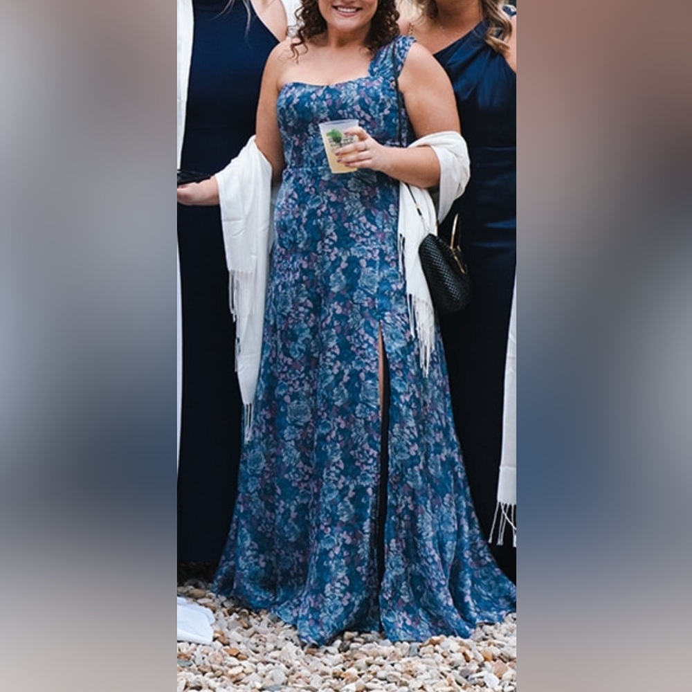 Slate blue floral one shoulder maxi dress bridesmaids dress